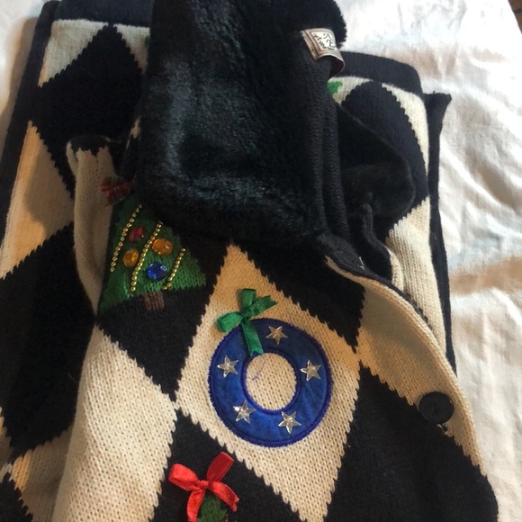 Woman’s abstract fall artsy  festive fur collar Christmas sweater cardigan - Picture 12 of 12